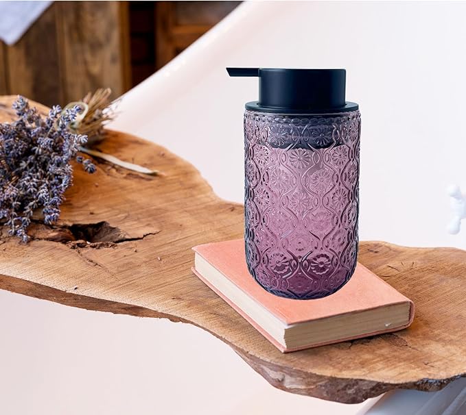 Foaming Hand Soap Dispenser,Vintage Glass Soap and Lotion Dispenser for Bathroom,Kitchen Dish Soap Dispenser with Black Foam Pump (Pink Begonia flowerr+Black Lid)