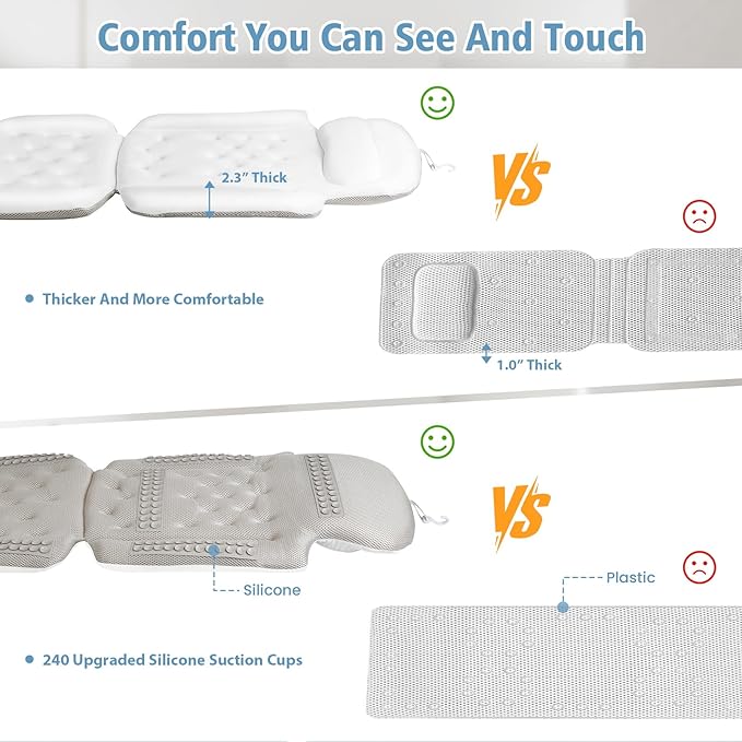 Luxury Full Body Bath Pillow for Bathtub, Bath Pillows for Tub with Mesh Laundry Bag, Cushion for Bathtub Headrest Neck Back Support - 5D Air Mesh & Quick Drying | White 63" x 16"