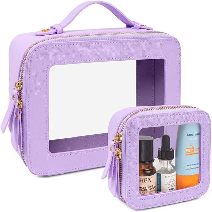 LETGO 2 Pack Clear Travel Toiletry Bag for Women,Large & Mini Waterproof PU TSA Approved Cosmetic Pouches, Portable Beach Vacation Makeup Organizer Set,See Through Skincare Sunscreen Bags for Women
