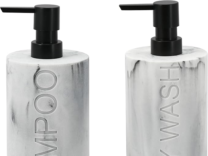 Indecor Home Marble Resin 2 Piece Shampoo and Body Wash Dispenser Set, Luxurious Refillable Pump Bottles with Matte Pump Top and Embossed Text, Durable Design for Bathroom and Shower