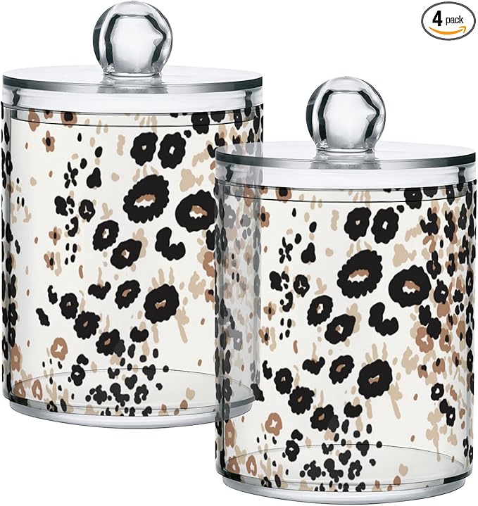 4 Pack Qtip Holder Dispenser Brown Floral Leopard Print Cotton Ball Cotton Swab Round Pads Floss Clear Bathroom Storage Containers Plastic Apothecary Jars