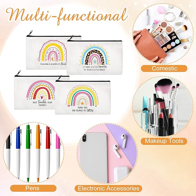 Yahenda 16 Pcs Graduation Canvas Makeup Bags Bulk for Women Appreciation Inspirational Gifts Cosmetic Zipper Pencil Pouch Travel Toiletry Bag for Teacher Birthday Mother's Day(Teacher)