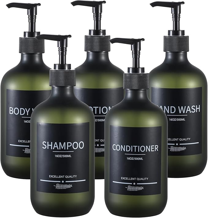 Mithrgrous Plastic Refillable Shampoo and Conditioner Bottles with Pumps and Labels (5-Pack, Green)