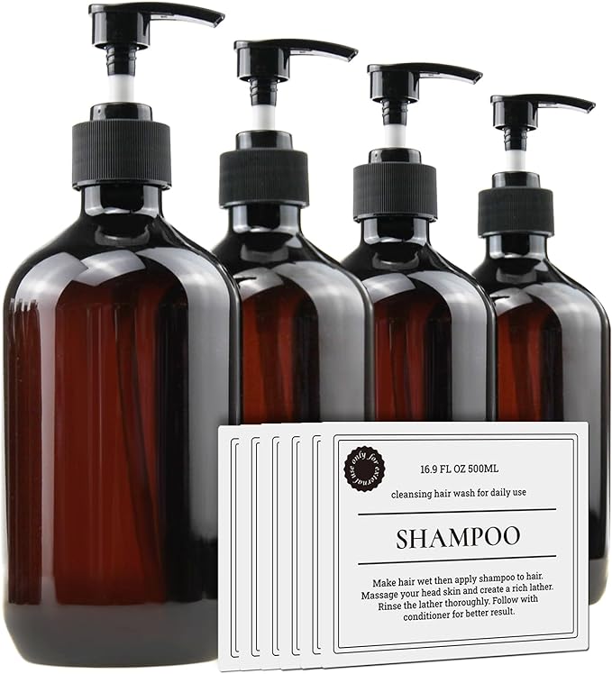 Empty Plastic Bottles with Pump Dispenser, 500ml/16.9oz (Amber, 4 Pack)