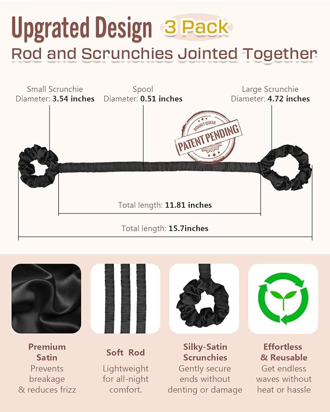 BONNET QUEEN 3 Pack Small Satin Heatless Hair Curler for Medium to Long Thick Hair, Heatless Curls Overnight, Hair Curlers to Sleep In, Damage-Free Small Curls with Built-in Scrunchie, Black