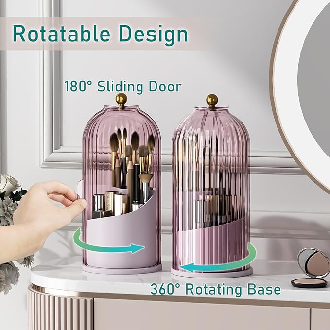 GAXmi Makeup Brush Holder with Lid Rotating Cosmetic Organizer, Pink-Purple