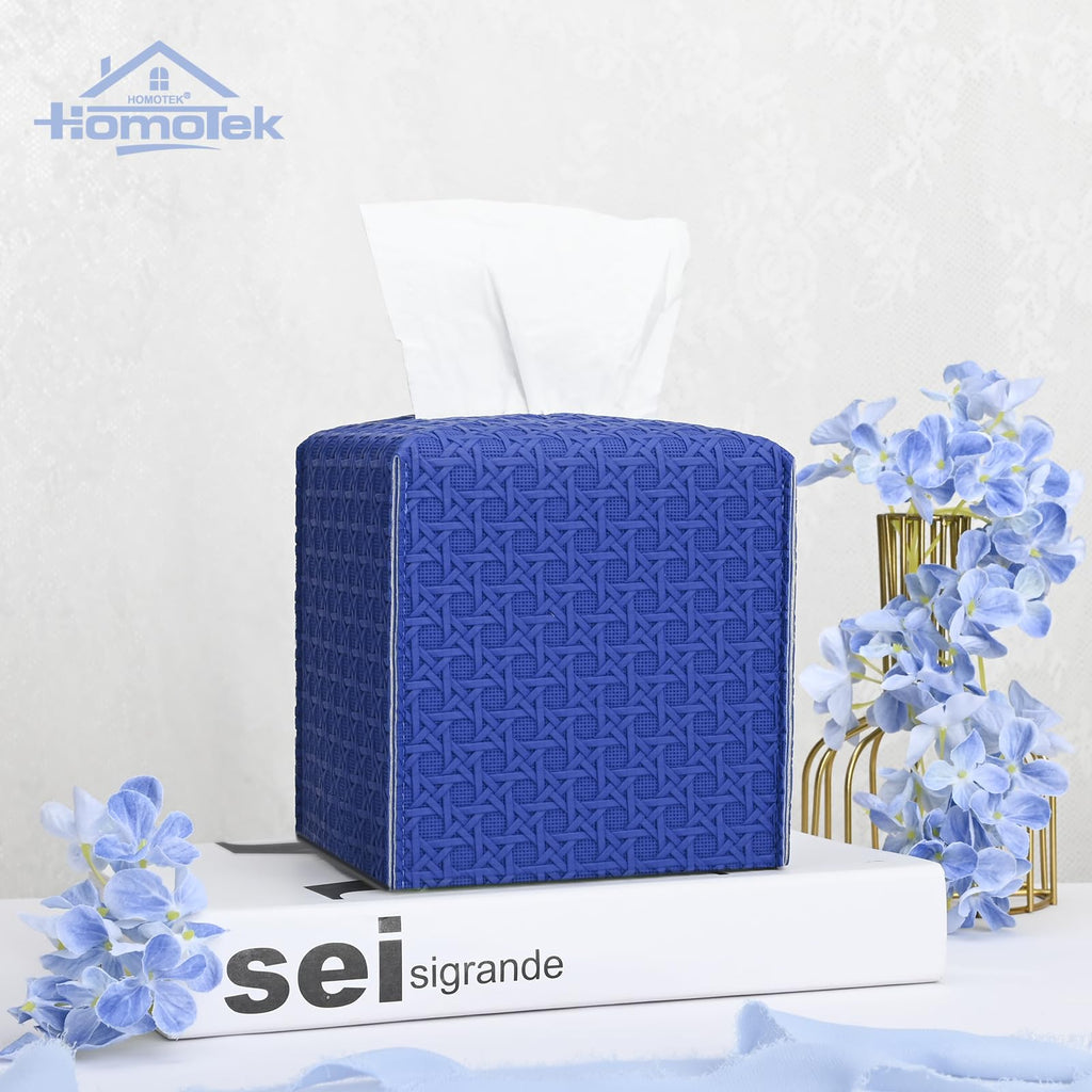 HOMOTEK 2 Pack Tissue Box Cover, Square PU Leather Tissue Holder, Decorative Facial Tissue Cube Paper Organizer Dispenser for Bathroom, Night Stands, Desk, Car 5X5X5'' - Rattan Weave,Blue
