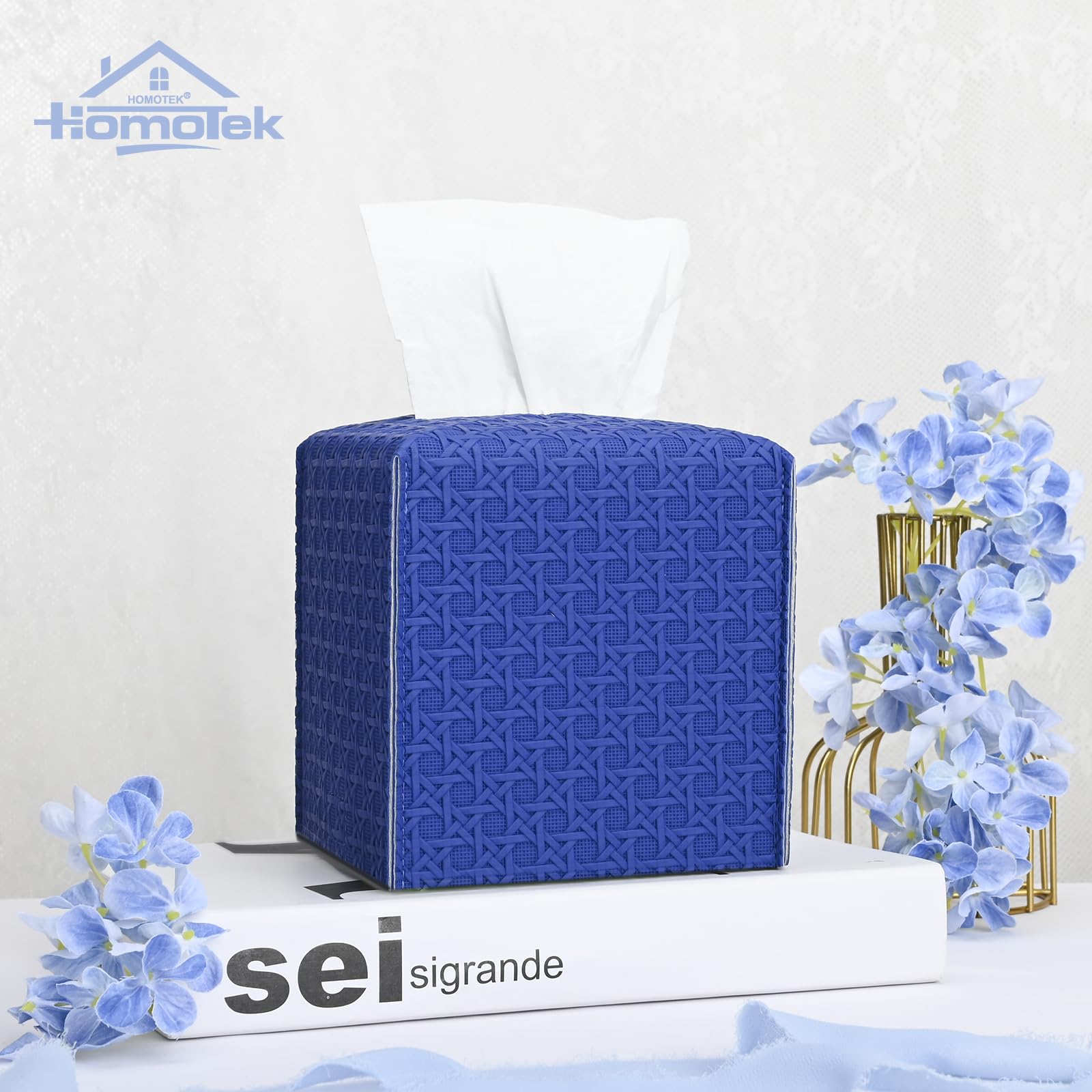 HOMOTEK 2 Pack Tissue Box Cover, Square PU Leather Tissue Holder, Decorative Facial Tissue Cube Paper Organizer Dispenser for Bathroom, Night Stands, Desk, Car 5X5X5'' - Rattan Weave,Blue