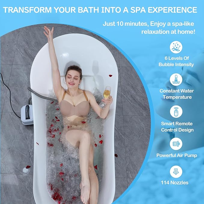 Portable Spa Bubble Bath Massager - Bubble Bath Mat Tub Spa Massager with Upgraded Powerful Suction Cup, Electric Air Pump, Pillow and Remote Control for Ultimate Relaxation, 48 * 17in