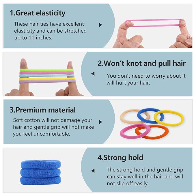 FVOLREM 100 PCS Hair Accessories: No Damage Seamless Ponytail Holders, Elastics and Bands for Thick Hair - For Girls & Women (Multicolor)