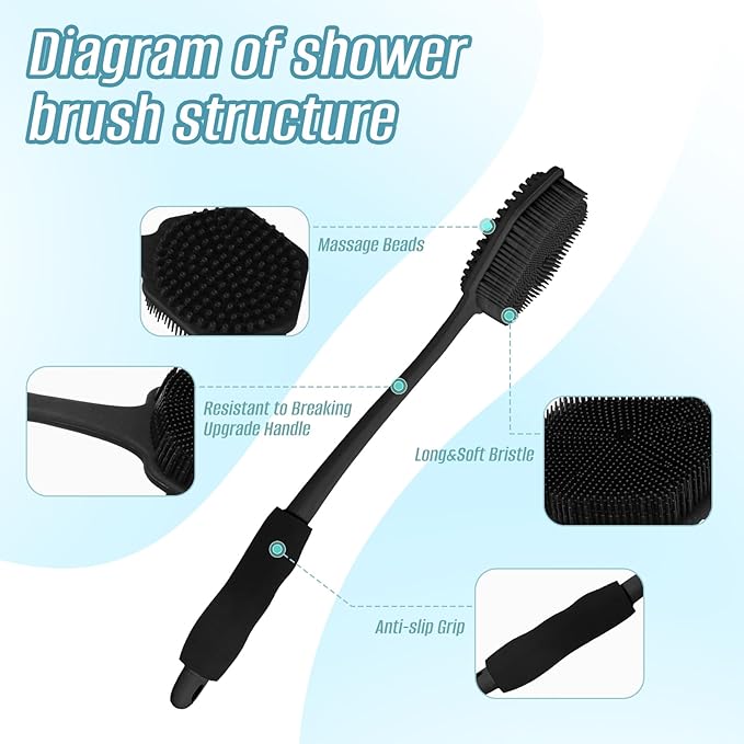 Back Scrubber for Shower - Long Handled Bath Brush, 15" Dual-Sided Silicone Bristles with Massage Beads, Silicone Body Brush for Skin Massage and Body Exfoliator,Non-Slip (2 Pack)