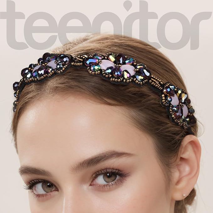 Teenitor 5 Pcs Elastic Beaded Headbands, Jewels Hairband Hat Bands, Crystal Rhinestone Headbands for Women