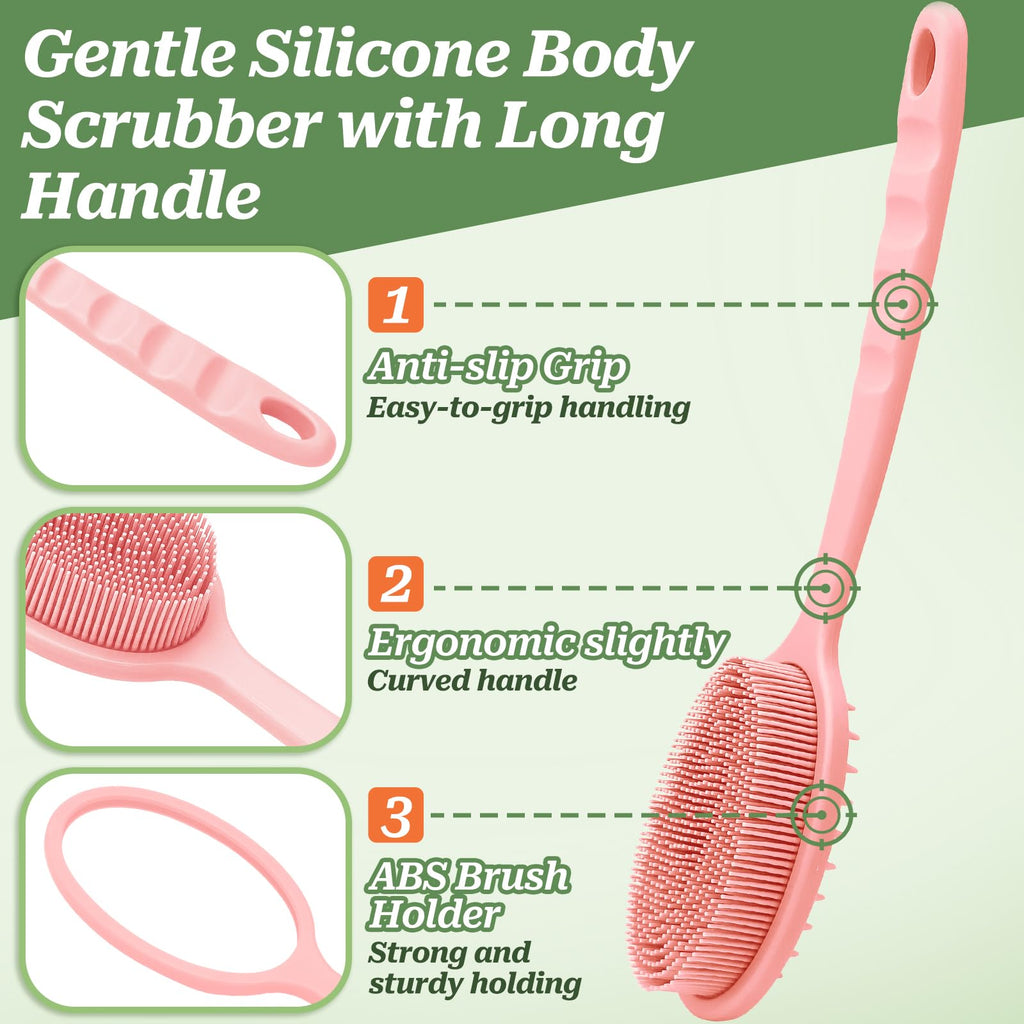 GEENOA Silicone Back Scrubber for Shower, Gentle Shower Scrubber for Lathering, Softe Silicone Loofah with Two Replaceable Brush Heads, Good for Kids, Sensitive Skin(Pink-Two Heads)