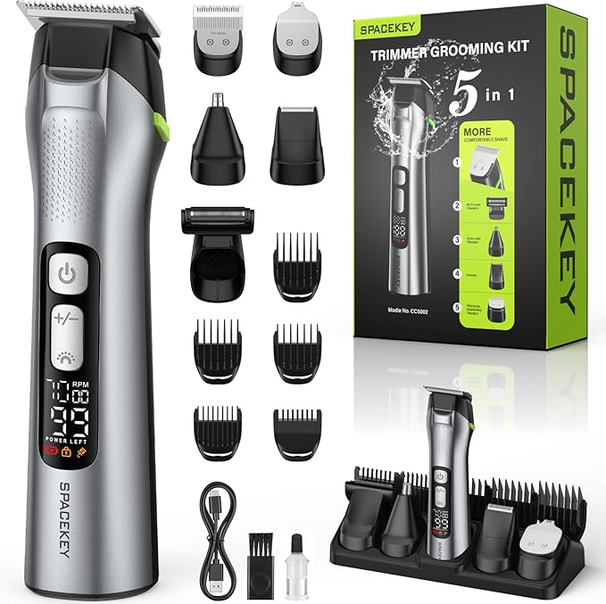 Beard Trimmer for Men, All in One Mens Grooming Kit, Stainless Steel Blade Cordless Hair Clippers, 150-Min Long Runtime, IPX7 Waterproof, 3 Speeds Adjustable Body Hair Trimmer for Nose, Ear, Face