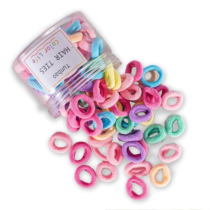 Tunbao 100 Psc Baby Hair Ties,Soft Cotton Toddler Hair Ties,Small Seamless Hair Bands for Girls and Kids,Multicolor Hair Elastics Ponytail Holders