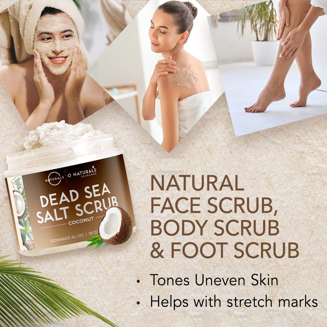 O Naturals Exfoliating Scrub, Natural Dead Sea Salt Deep-Cleansing Face & Body Scrubs. Anti-Cellulite Tones Helps Oily Skin, Acne, Ingrown Hairs & Dead Skin Remover - Coconut Oil 18oz