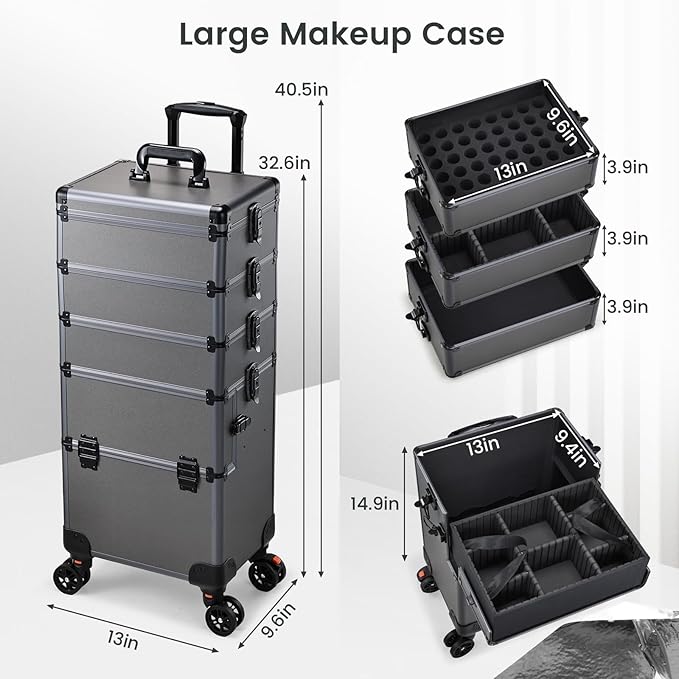 Yueieoun 5 in 1 Makeup Train Case, Cosmetology Case on Wheels Travel Make up Case Rolling Nail Cart Makeup Organizer Cosmetic Storage Box Cases Extra Large Trolley Truck, 360° Swivel Wheels, Ashy Grey