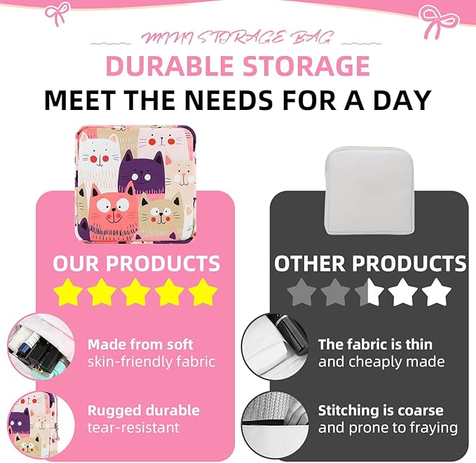 OLLBIT Sanitary Napkin Storage Bag,Period Bag,Portable Period Bag for Teen Pads Sanitary Napkins Small Tampons First Period Gifts for School Hygiene Bags Travel Containers (Cat)