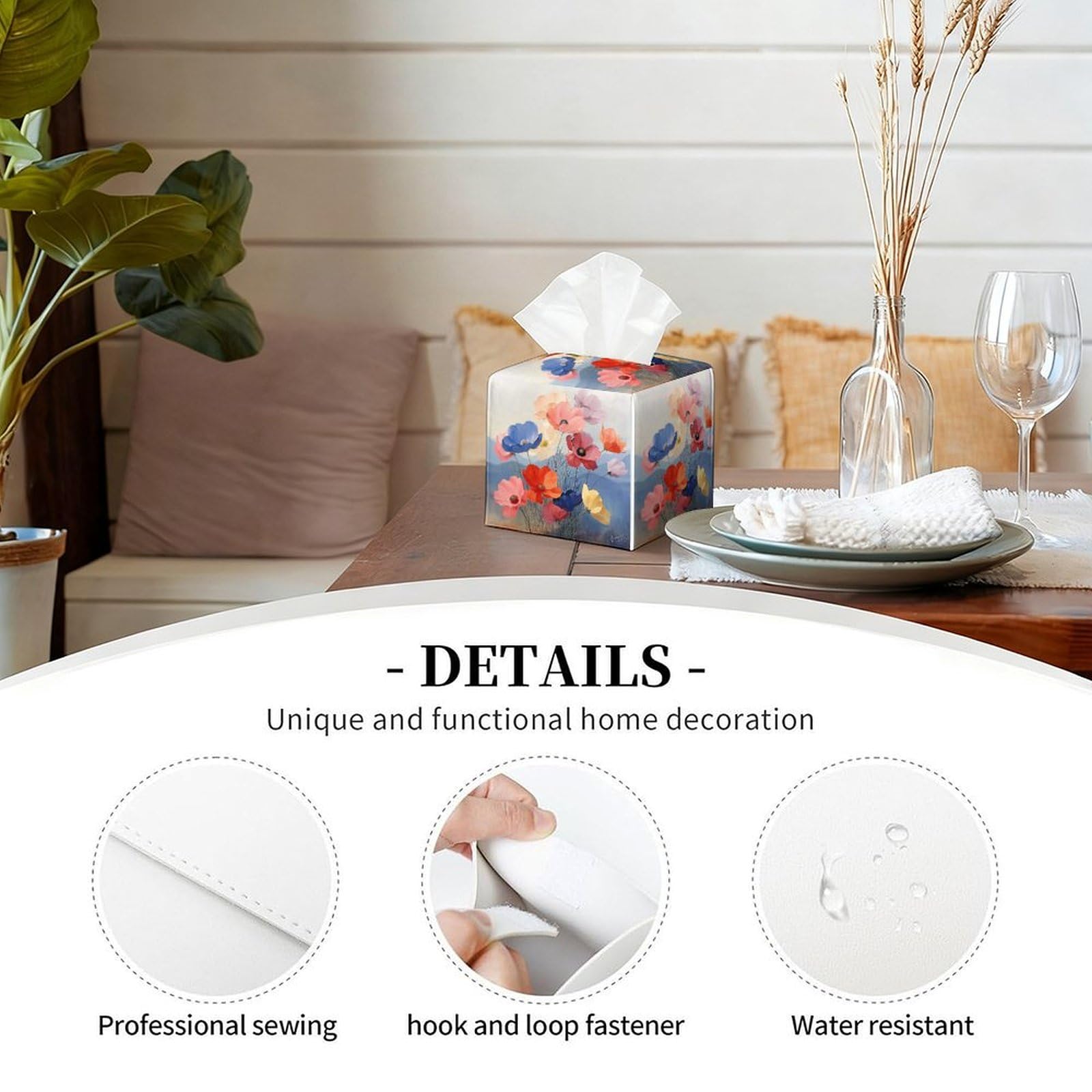 Floral Tissue Box Cover Leather Tissue Box Holder Square Facial Paper Organizer Dispenser for Bathroom Kitchen Bedroom Vanity Countertop Night Stands