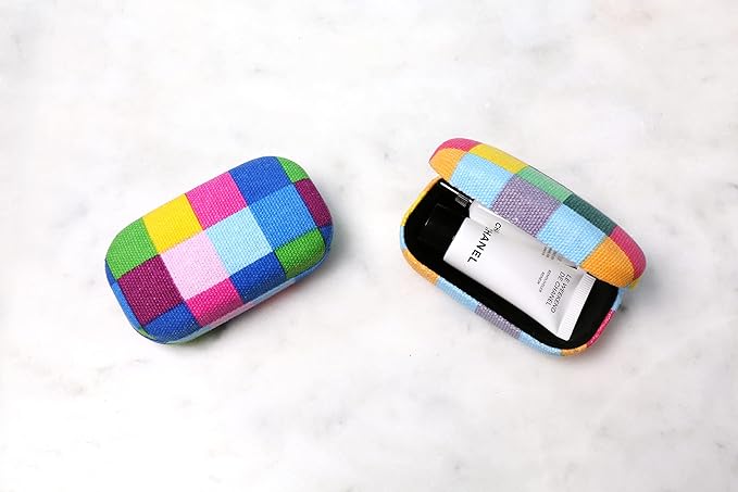 Kikkerland Multi Color Plaid Print Small Travel Portable Compact Organizer Case Container for Earbuds, Jewelry, Loose Change