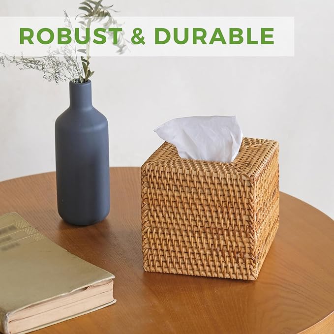 Natural Rattan Tissue Box Cover, Hand Woven Square Wicker Holder for Facial Tissues, Wicker Napkin Holder Ideal for Bathroom Living Room, Tissue Holders Decorative for Kitchen Office and Desk