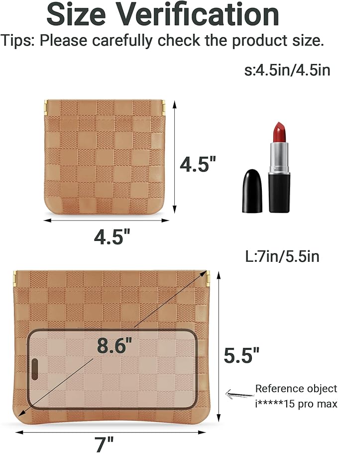 MXXUUOOM 2 Pack Small Makeup Bag for Purse Leather Cosmetic Pouch Organizer, Snap Closure Checkered Makeup Bag, Mini Lipstick Coin Pouch, Travel Makeup Organizer for Women(Brown)