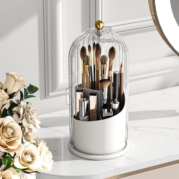 GAXmi Makeup Brush Holder with Lid Rotating Cosmetic Organizer, Transparent