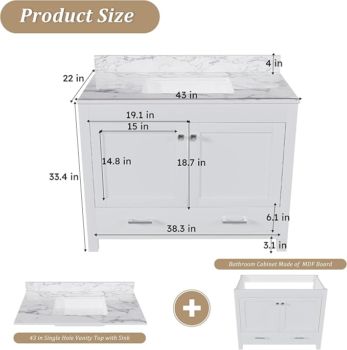 Montary 42" Bathroom Vanity with 43" Sintered Stone Carrara White Top, Modern Stylish MDF Bathroom Storage Cabinet, Vanity Set with 2 Doors and One Large Divided Drawer, White (Single Hole)