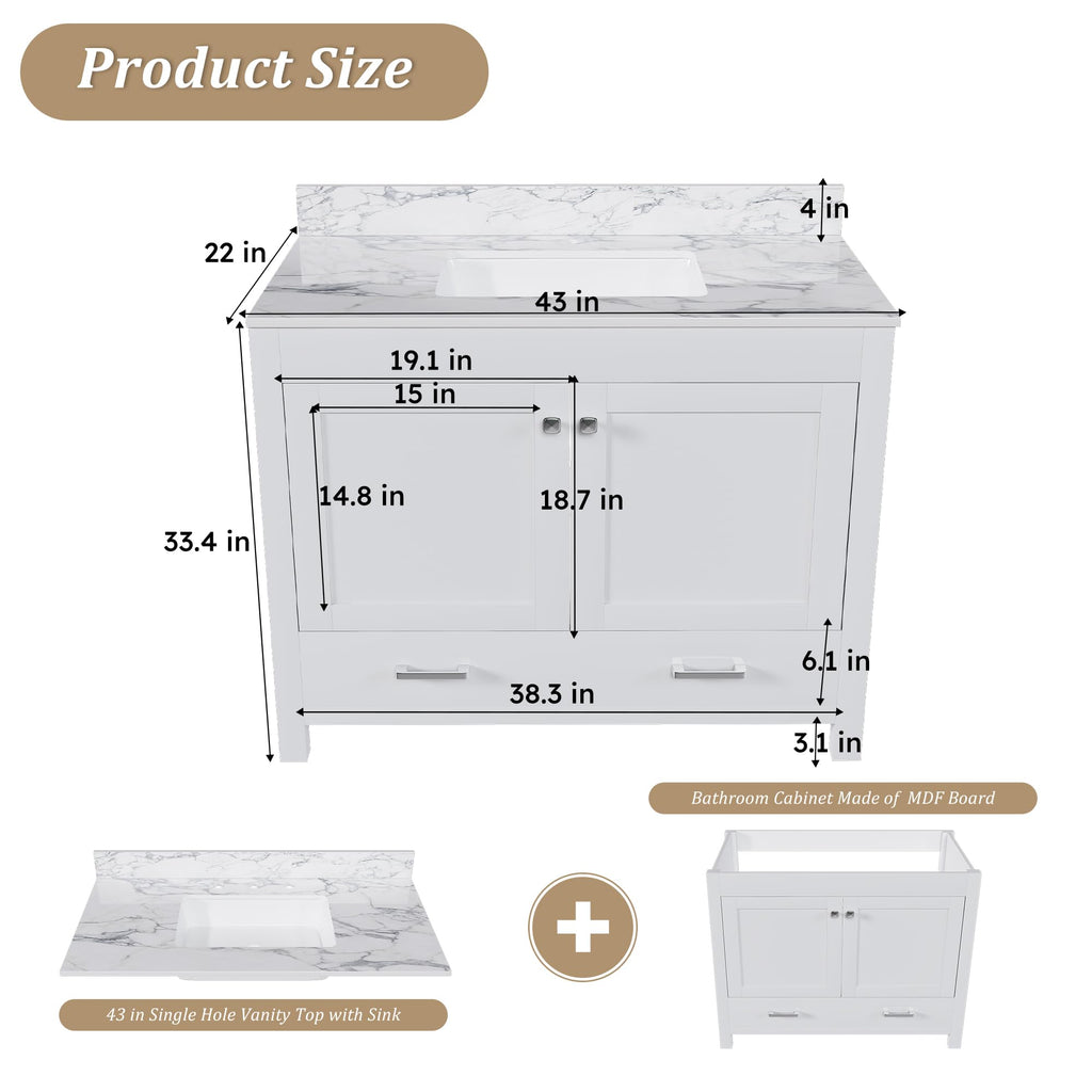 Montary 42" Bathroom Vanity with 43" Sintered Stone Carrara White Top, Modern Stylish MDF Bathroom Storage Cabinet, Vanity Set with 2 Doors and One Large Divided Drawer, White (Single Hole)