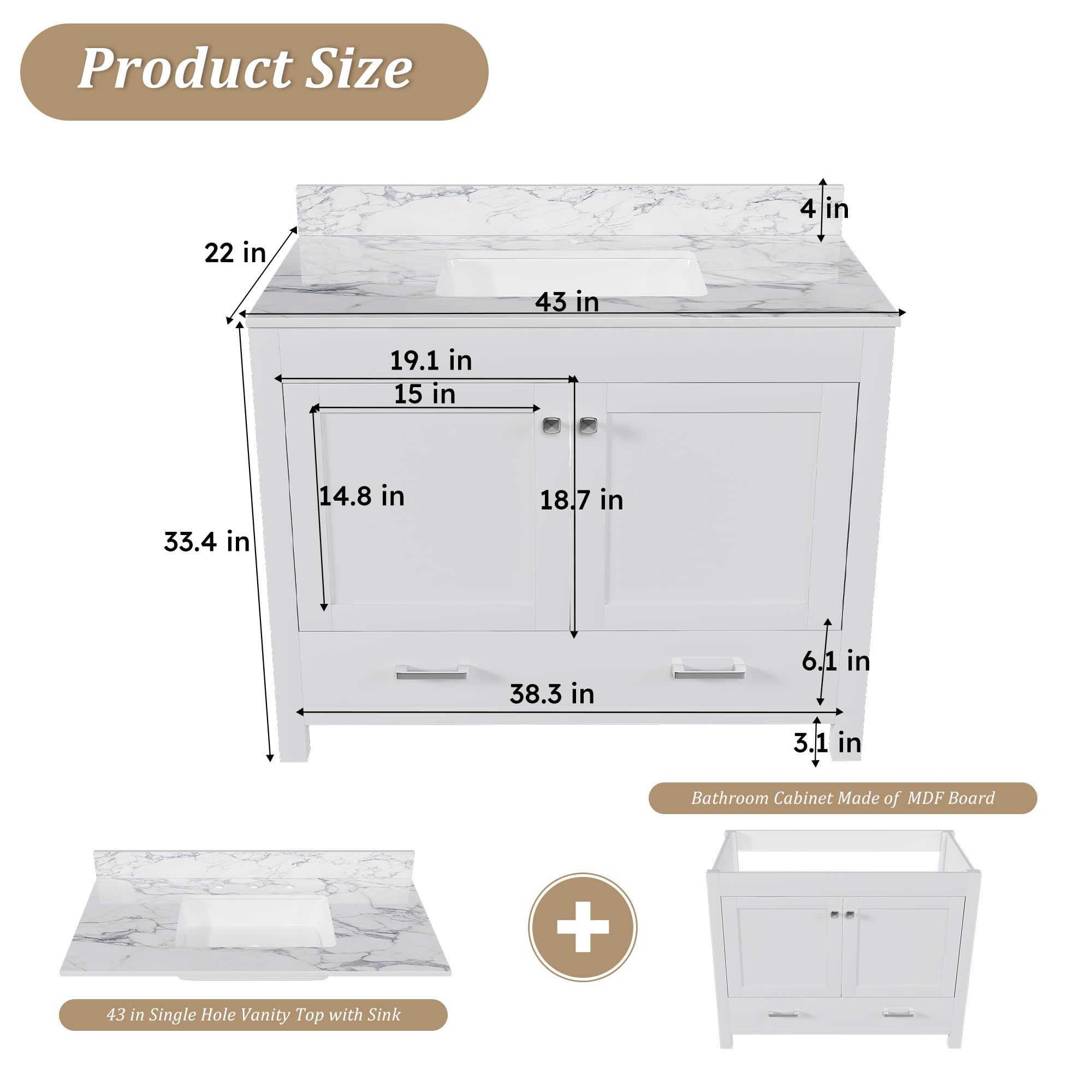 Montary 42" Bathroom Vanity with 43" Sintered Stone Carrara White Top, Modern Stylish MDF Bathroom Storage Cabinet, Vanity Set with 2 Doors and One Large Divided Drawer, White (Single Hole)
