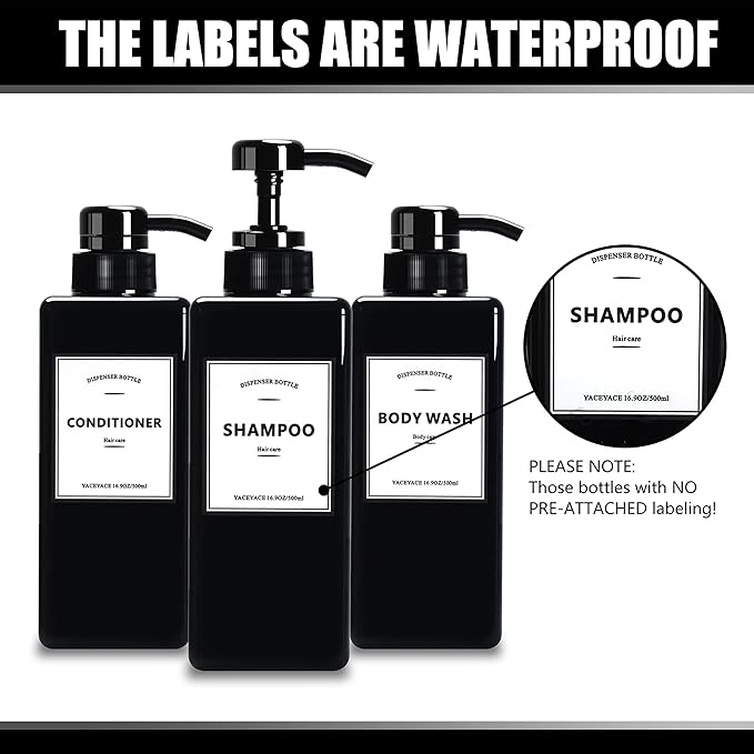Soap Dispenser, YACEYACE 22oz Set of 3 Empty Hand Soap Dispenser for Kitchen,Black Shampoo and Conditioner Dispenser Set,Refillable Pump Soap Bottles