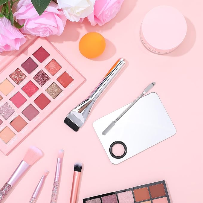 Ouligay 3 Pcs Makeup Spatula Tool Including Mixing Palette, Foundation Spatula, Palette Tray, Accessories Set For Women Girl Korean Cosmetic Tool (Metal)