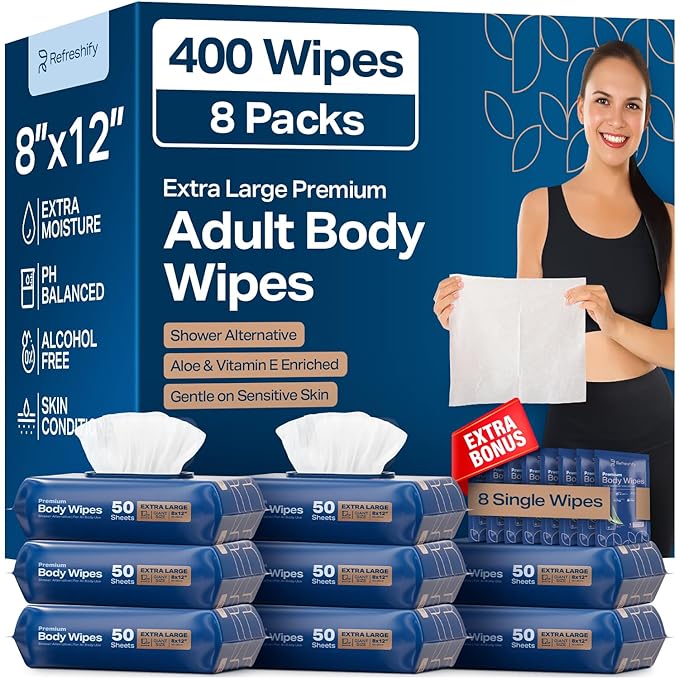 Body Wipes for Adults Bathing No Rinse, XL Shower Wipes and Disposable Washcloths, Wipes for Adults, Adult Wipes for Elderly Care and Recovery, Travel Wipes Included, 8"x 12"