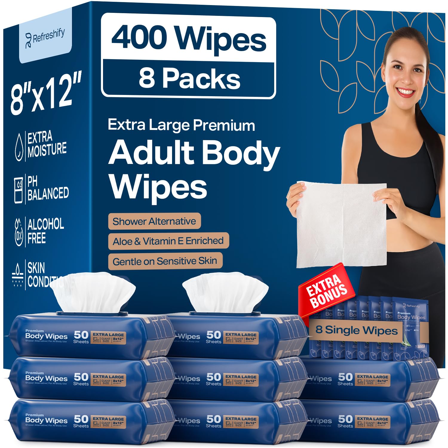 Body Wipes for Adults Bathing No Rinse, XL Shower Wipes and Disposable Washcloths, Wipes for Adults, Adult Wipes for Elderly Care and Recovery, Travel Wipes Included, 8"x 12", 400 Wipes