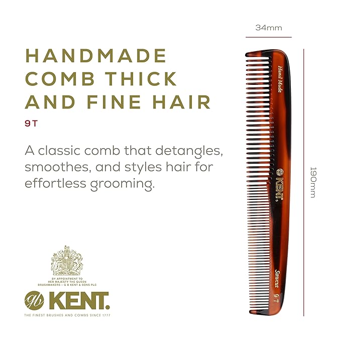 Kent 9T Tortoiseshell Fine Tooth and Wide Tooth Comb - Large Handmade and Saw-Cut Fine Hair Dressing Comb - Wet Hair Detangler Combs for Women and Durable Grooming Made in England