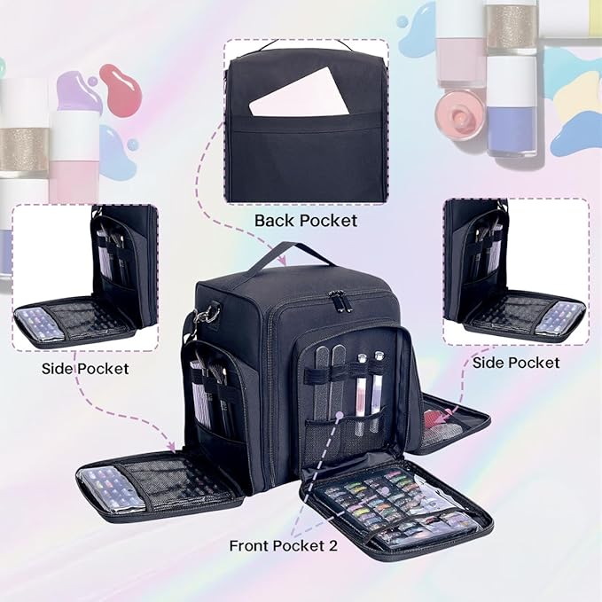 YAHOURWAT Nail Polish Organizer Holds 60 Bottles and a Nail Lamp,Portable Travel Case with 2 Removable Bags and Tools Storage Pockets Black