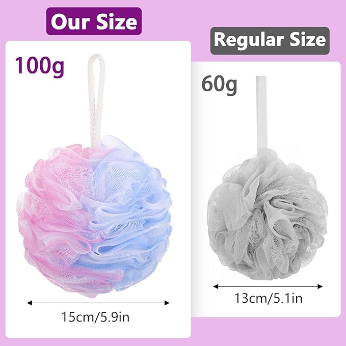 6 Pack Bath Loofah Sponge, 100g/pc XXL Large Mesh Pouf Shower Sponge Exfoliating Body Scrubber Shower Scrunchies