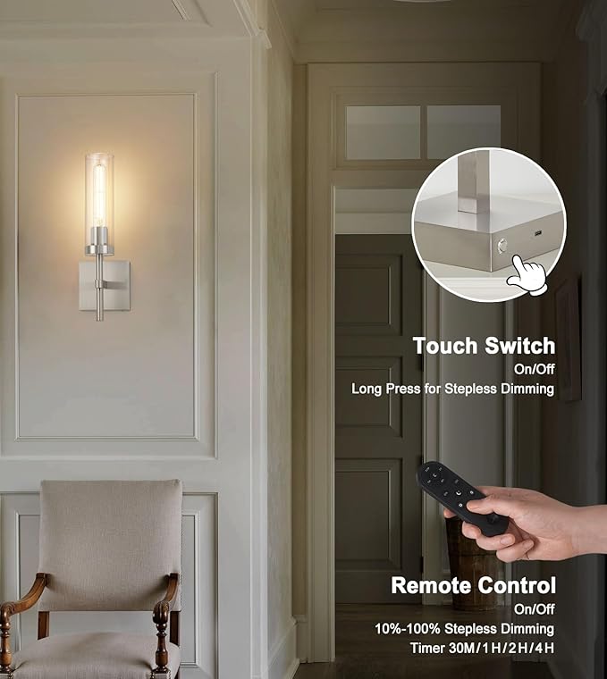 SANTOSTOCK Brushed Nickel Battery Operated Wall Sconces with Remote Control, Wireless Wall Sconce Set of 2, Rechargeable Cordless Wall Lights for Living Room Bathroom Hallway Entryway Stairwell, 3000K
