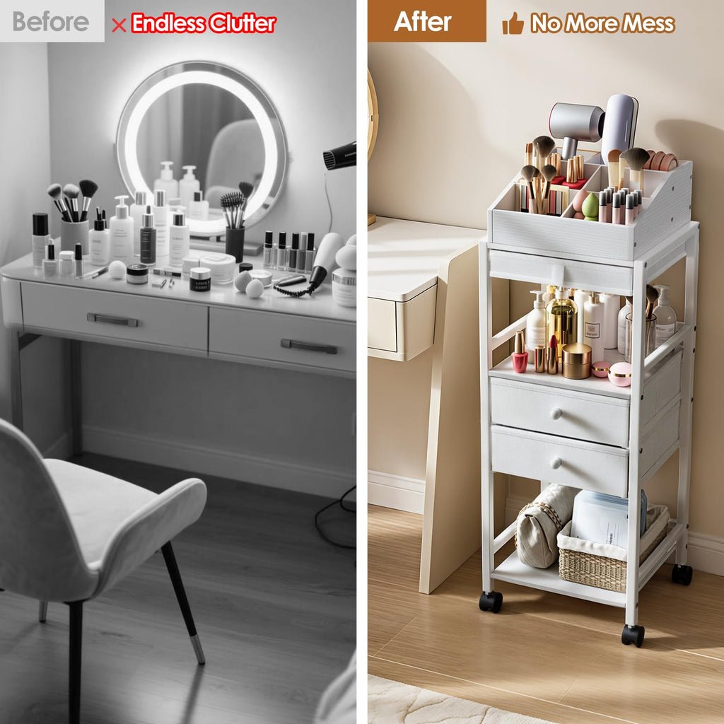 Luxspire Makeup Organizer Cart, Makeup Storage with Drawers, White