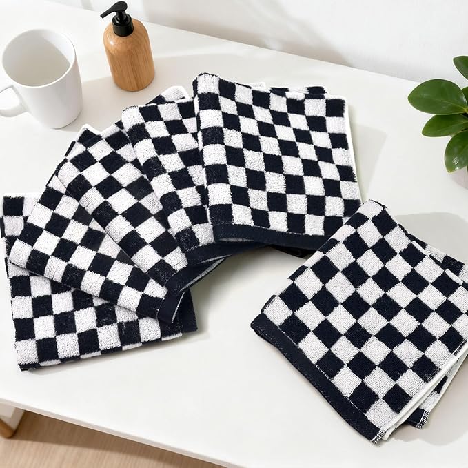 Washcloths 12 Pack Checkered - Wash Cloths for Showering (13"x13") in Black