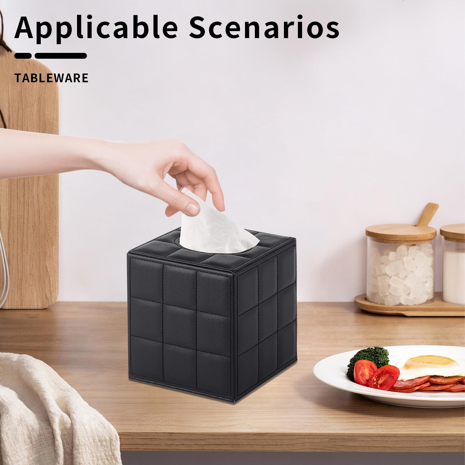 XNONE Tissue Box Cover Square Tissue Box Holder PU Leather Facial Organizer with Magnetic Bottom,Decorative Napkin Caddy for Vanity Dresser Night Stand Table Countertop Home Office Car,Black