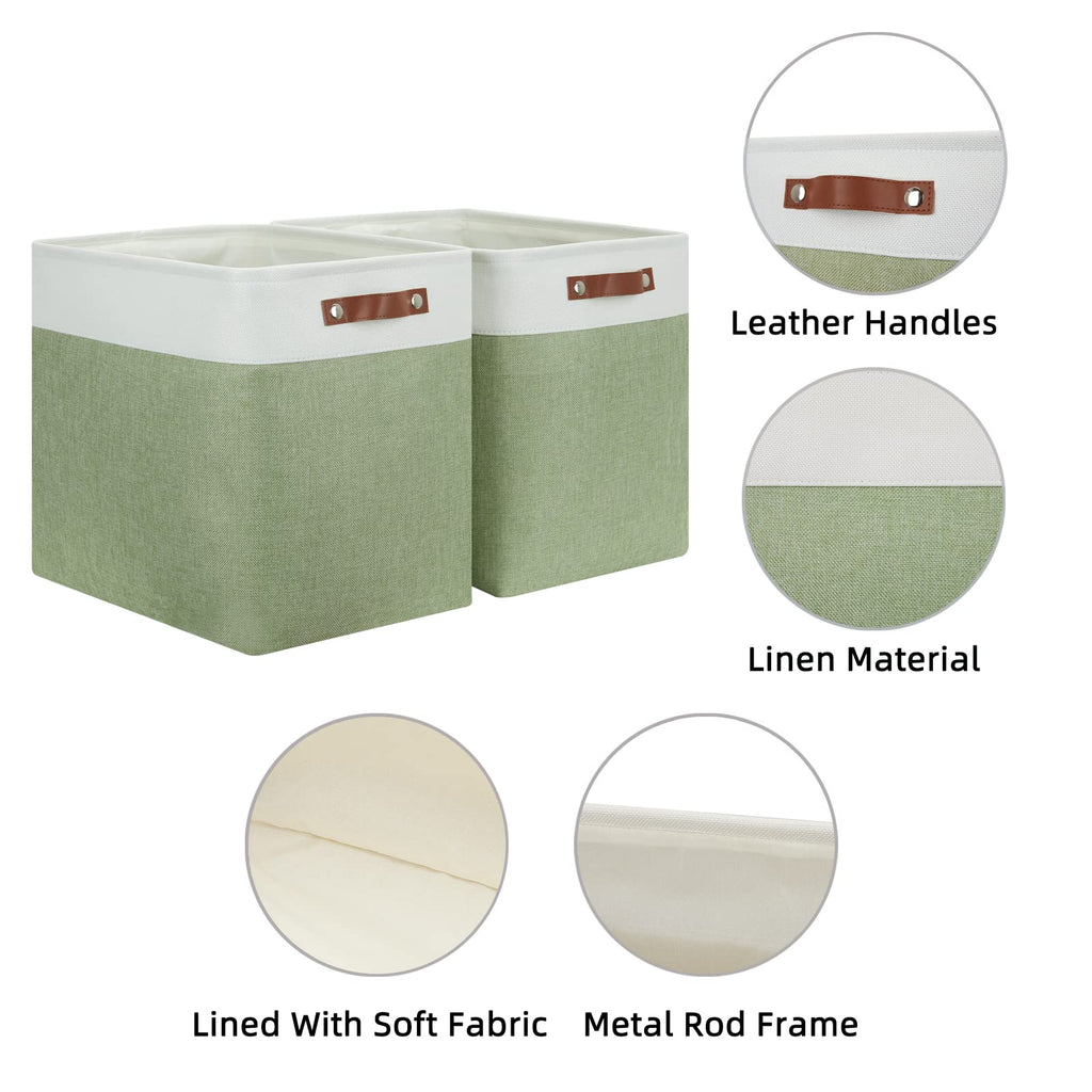 HNZIGE Shelf Storage Baskets for Clothes, Large Storage Bins Fabric Baskets for Organizing, Foldable Rectangular Decorative Storage Bins for Home Closet(White Green), 17" x 12" x 15"