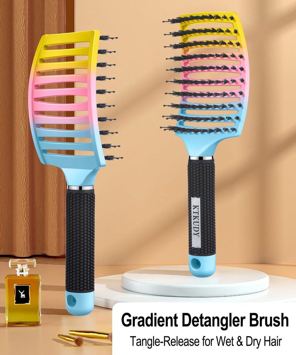KTKUDY Detangling Brush Boar Bristles Hairbrush Make Hair Shiny & Healthier Curved and Vented Detangler Brush for Women Men Kids Wet & Dry Hair