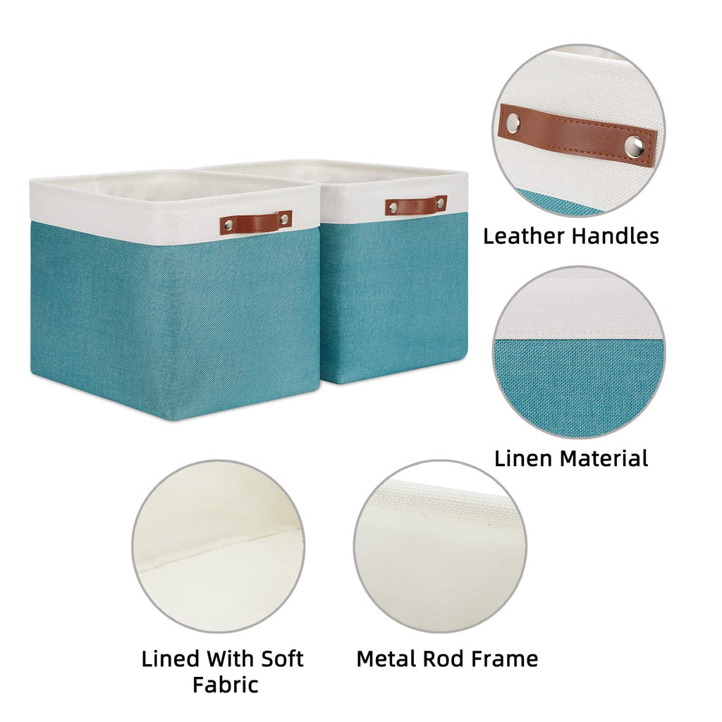 HNZIGE Extra Large Fabric Storage Bin Baskets for Organizing Shelves [2 Pack] Storage Baskets for Closet 16" X 11.8" X 11.8" Rectangular Storage Basket Bin for Organization Living Room(Teal&White)