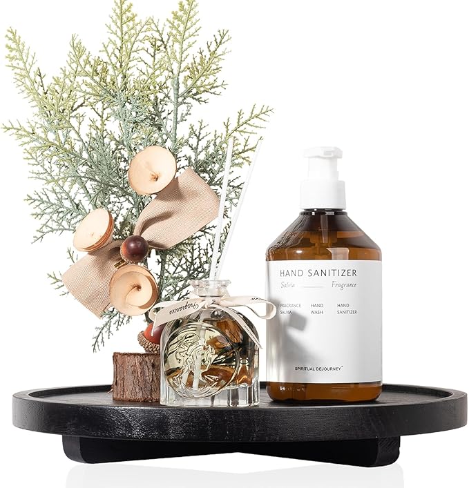 Round Decorative Tray Wood Bathroom Counter Organizer Farmhouse Kitchen Decor Wooden Riser for Soap Dish, Perfume, Candle, Sponge, 12" - Black