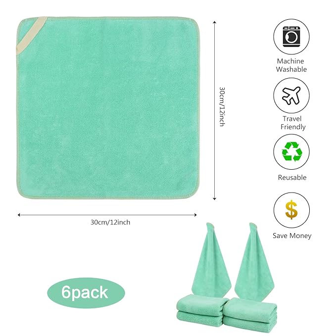 Microfiber Facial Cloths Fast Drying Washcloth 12inch x 12inch Green 6 pack