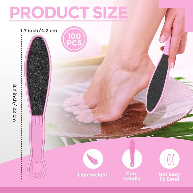 100 Pcs Pedicure Foot File Double Sided Callus Remover Sandpaper Foot Heel Rasp Tool for Dead Skin Foot Sander Foot Scraper Scrubber with Plastic Handle for Feet Spa (Pink)