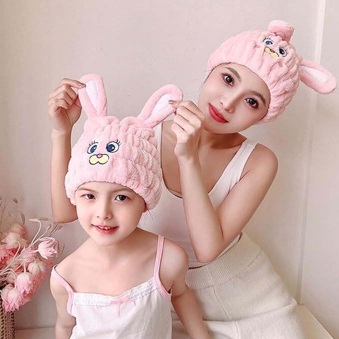 LCBD Microfiber Hair Towel Wrap for Kids, Pink Rabbit Dry Hair Cap Suck Water, Absorbent Quick Girls Boys Hair Drying Towel, Lightweight Bouncy Hat Headscarf for Wet Hair