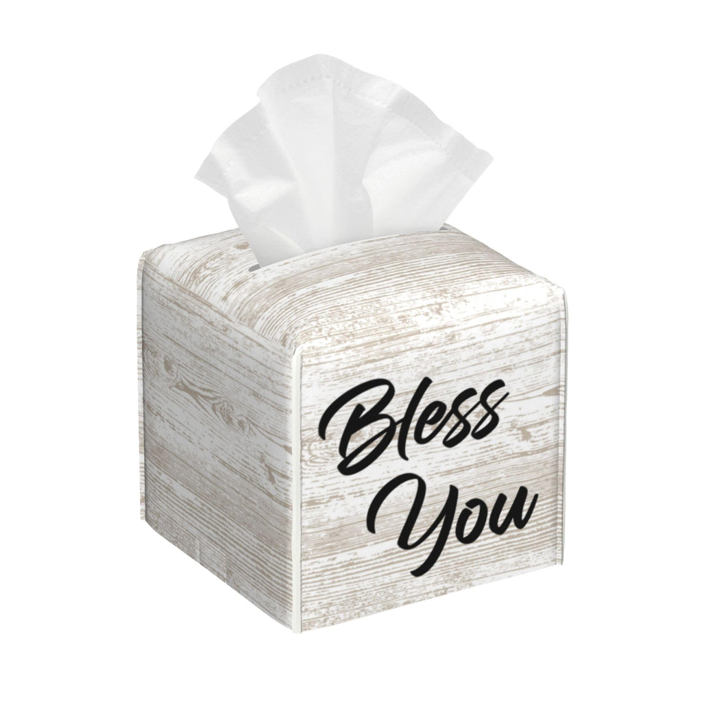 Bless You Tissue Box Cover Square, Wooden Board Texture Tissue Box Holder Waterproof Leather Facial Paper Organizer Dispenser for Bathroom Home Car Nightstand Vanity Desk