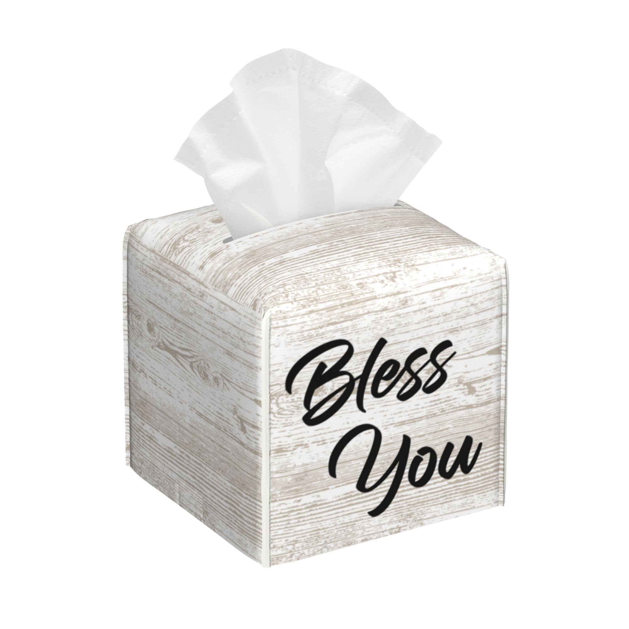 Bless You Tissue Box Cover Square, Wooden Board Texture Tissue Box Holder Waterproof Leather Facial Paper Organizer Dispenser for Bathroom Home Car Nightstand Vanity Desk